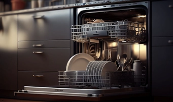 An open dishwasher with clean dishes after a dishwasher installation in Minneapolis.