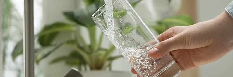 Hand holding glass under flowing water faucet in kitchen