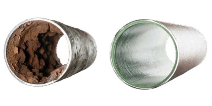 Interior view of pipe with scale, corrosion and buildup next to an interior view of a descaled and brush coated pipe